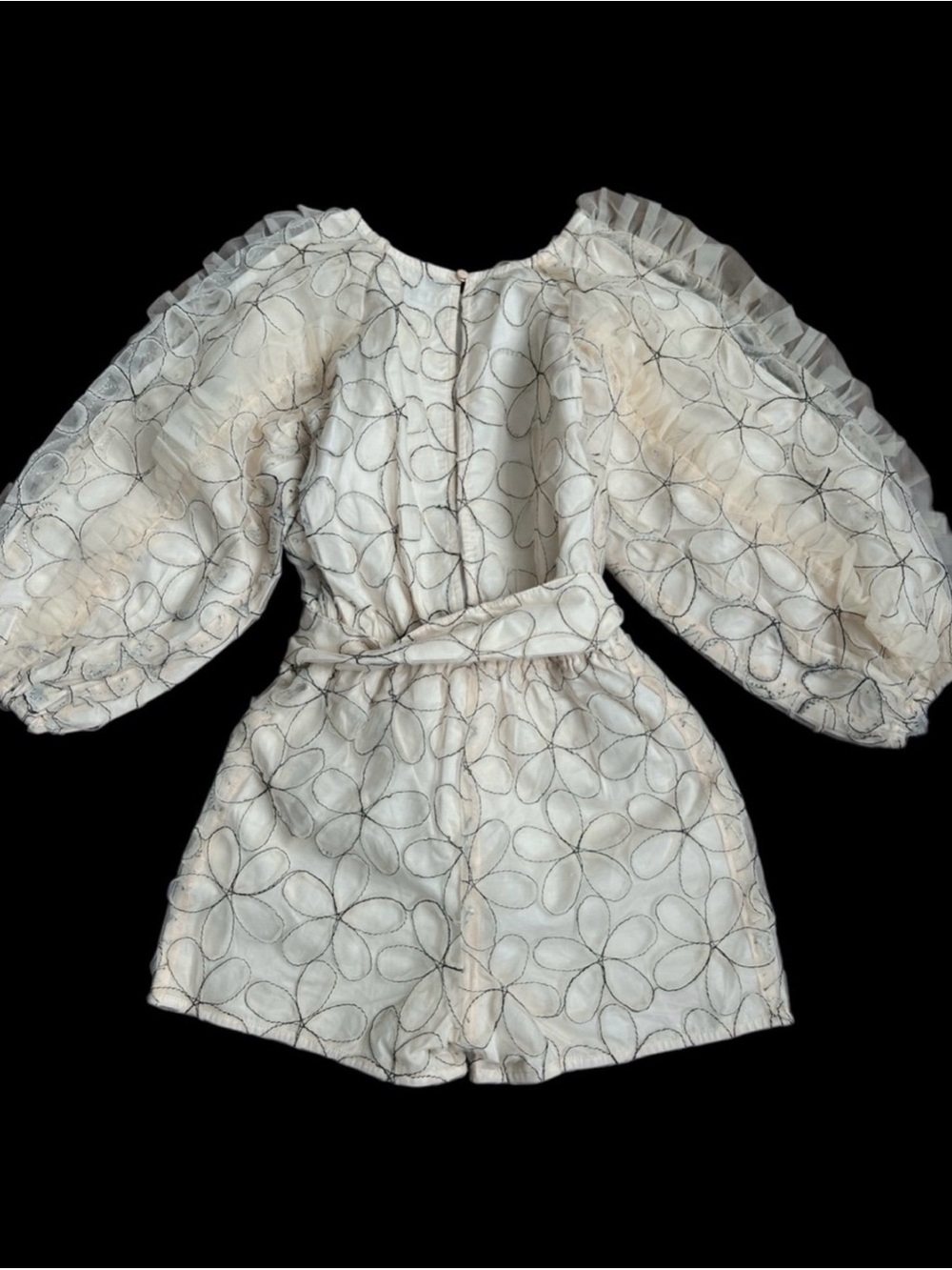 Ivory Floral Organza Romper with Puff Sleeves by Chloe and Amelie. Size 6.